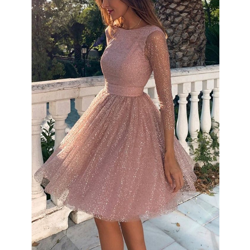 

Women's Swing Dress Short Mini Dress Blushing Pink Long Sleeve Solid Color Glitter Fall Spring Round Neck Party 2021, Black;gray
