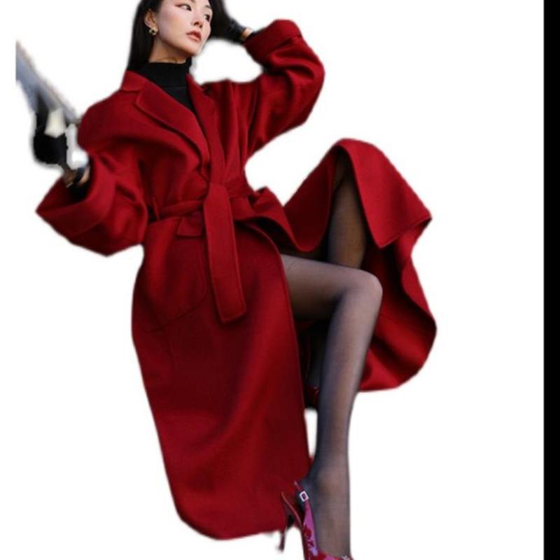 

Women' Wool & Blends Water Ripple Retro Red X-long Woolen Overcoat Women Winter Year Double-sided Cashmere Outwear