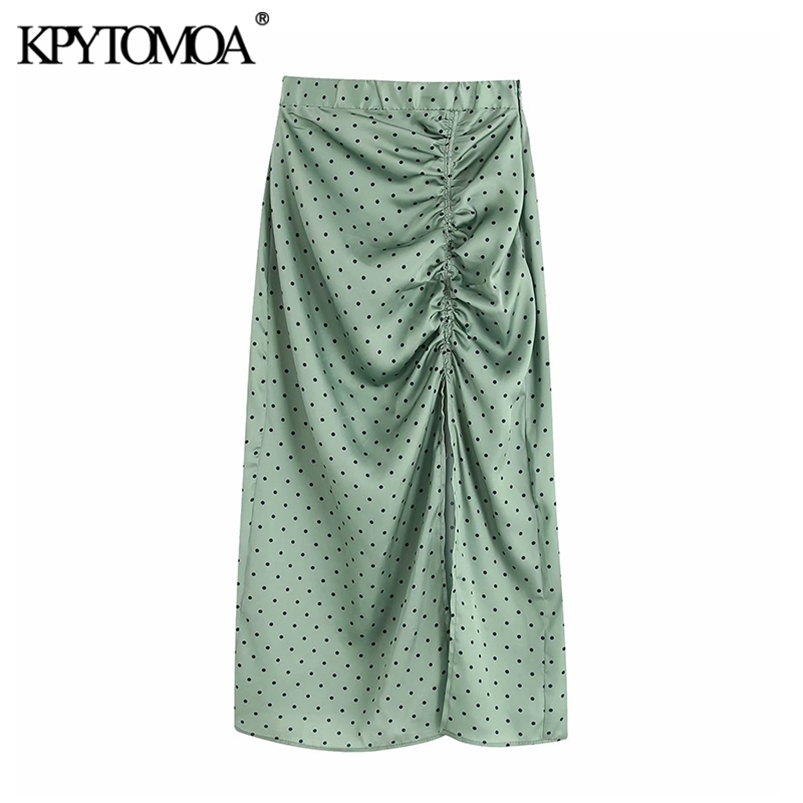 

Vintage Elegant Polka Dot Pleated Midi Skirt Women Fashion Elastic Waist Side Zipper Slit Female Skirts Chic Faldas Mujer 210721, As picture