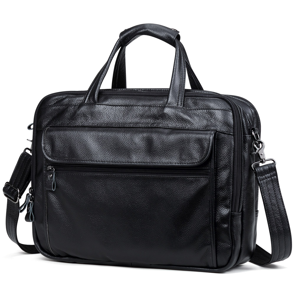 

Men A4 Office Bag Fashion Genuine Leather Handbag Business Casual Men's Travel 15.6" Laptop Shoulder Tote Briefcase, Black