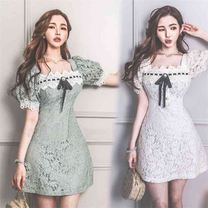 

club dress for women Summer Green Short Sleeve square neck lace Sexy Ladies Bow mini Dresses 210602, White