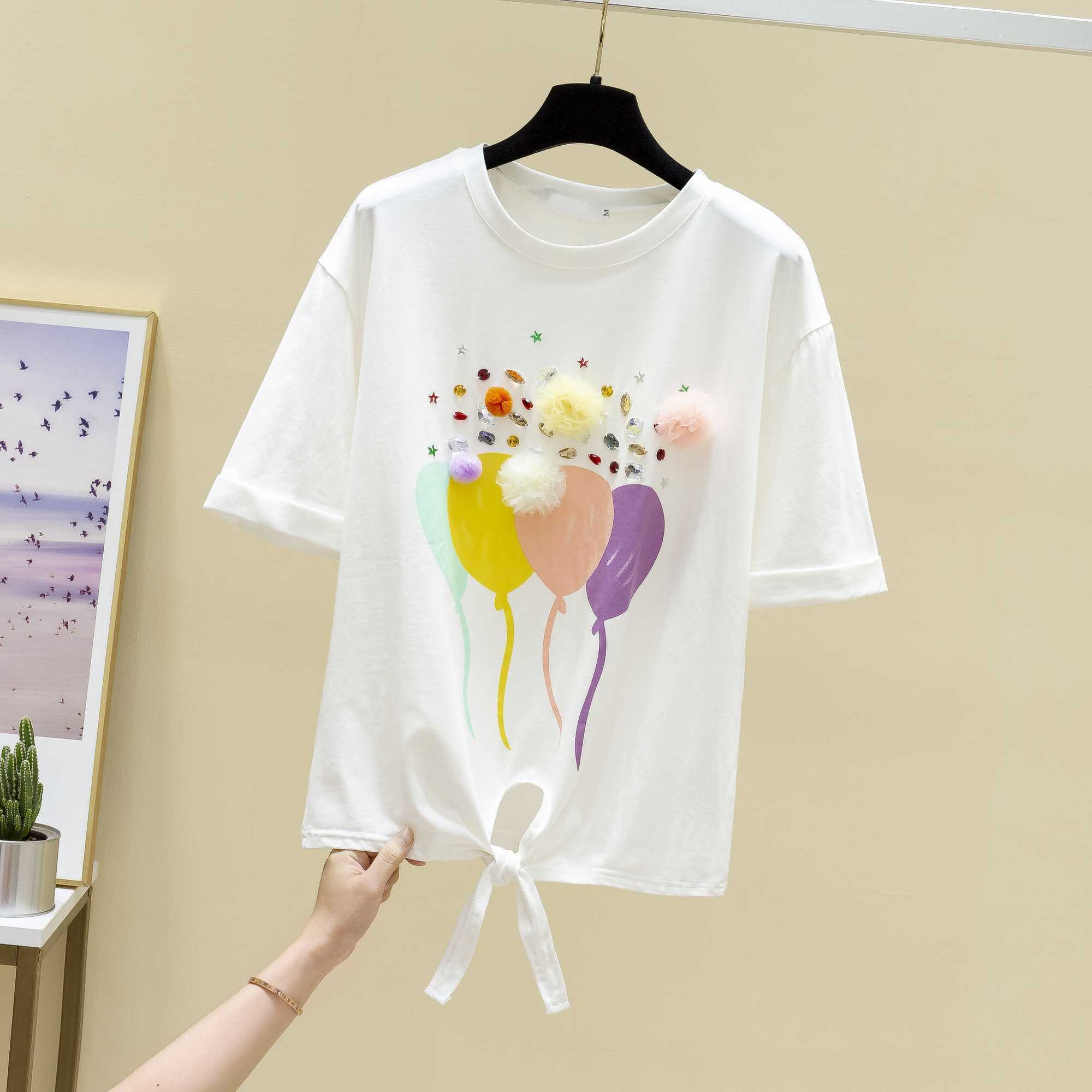 

summer Korean print-encrusted diamond strap cotton short-sleeved t-shirt women's loose white half-sleeved top 210615