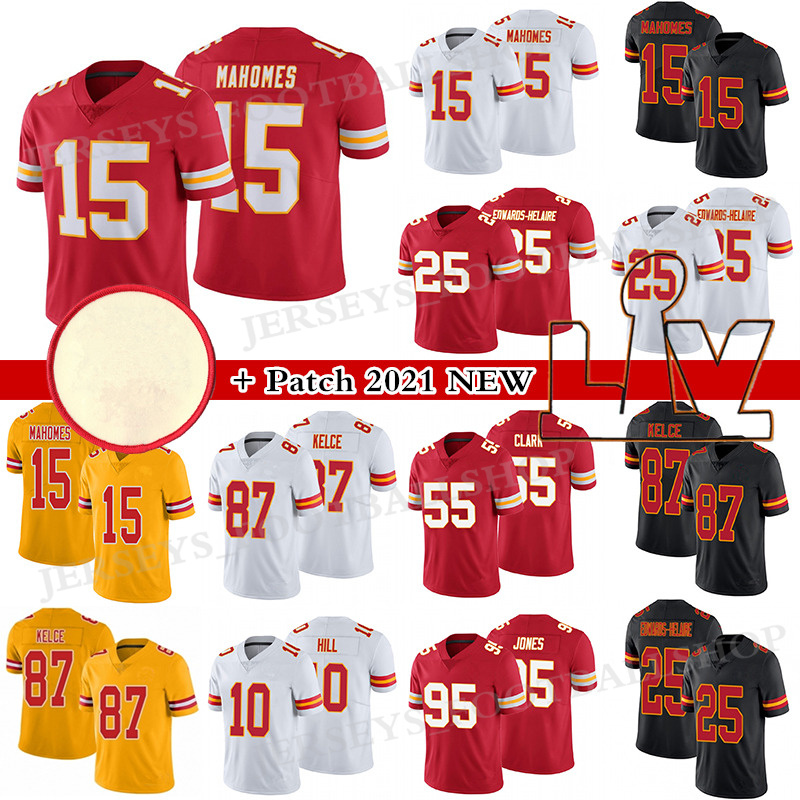 

15 Patrick Mahomes 25 Clyde Edwards-Helaire Football Jersey Travis Kelce KansasCityChiefsTyreek Hill Men's Stitched, White