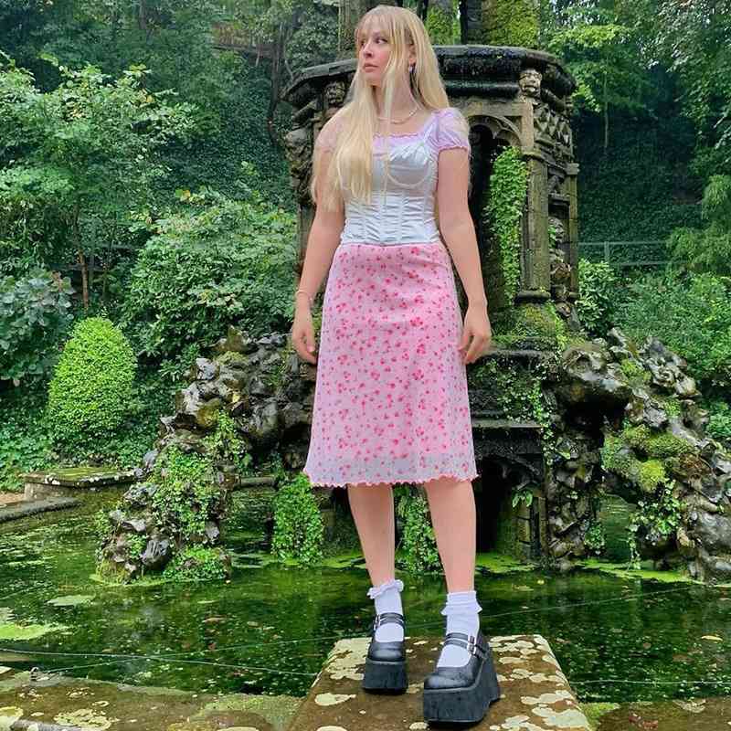 

summer mid length over knee A-line skirt women's screen perspective Pink Floral Skirt y2k goth 210602