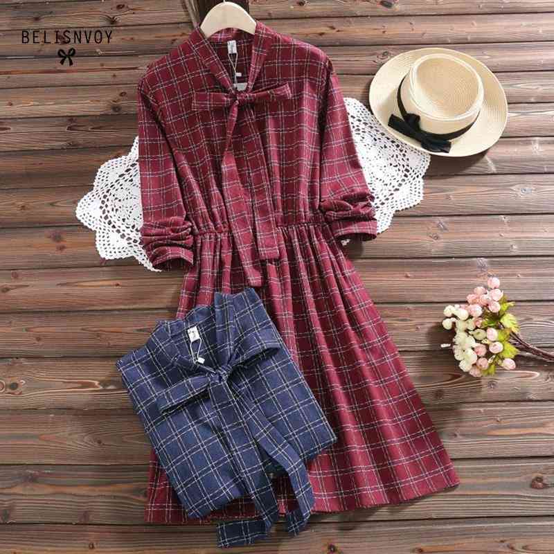 

Femininos Vestidos Spring Autumn Women Long Sleeve Red Blue Plaid Vintage Dress Female Casual Bow Cotton Dresses 210520
