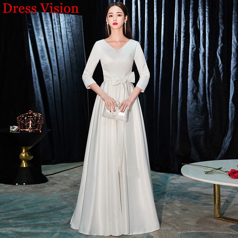 

Vestido Simple Satin Wedding Dress Vestido De Noiva v-neck Three Quarter Sleeves Robe De Mariage, White