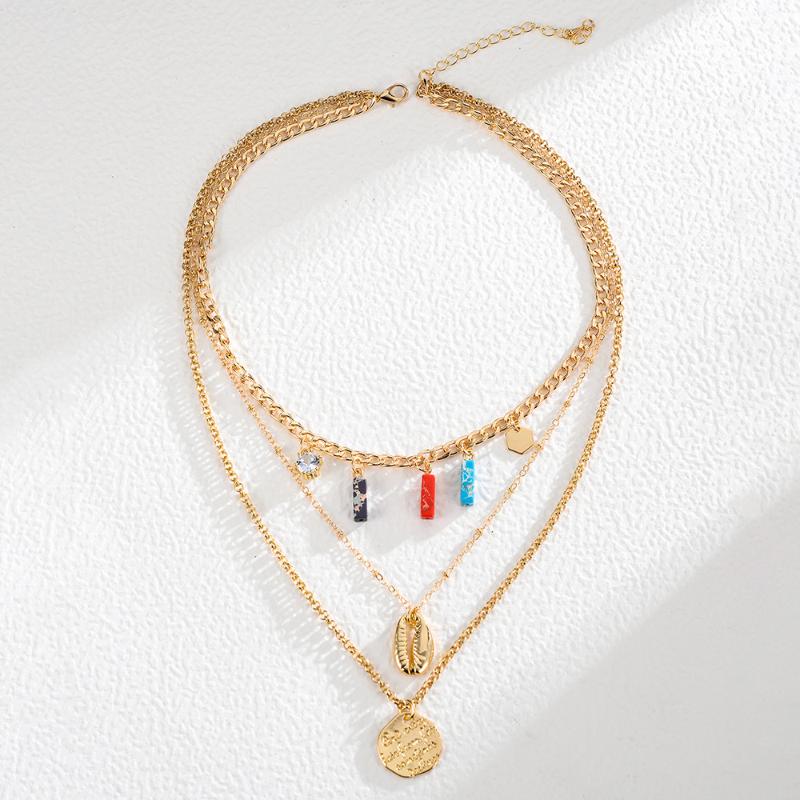 

Pendant Necklaces Bohemia Shell Women's Necklace For Men Vintage Coin Colored Stones Couple Gold Color Rock Jewelry Valentine's Day Gift, Silver