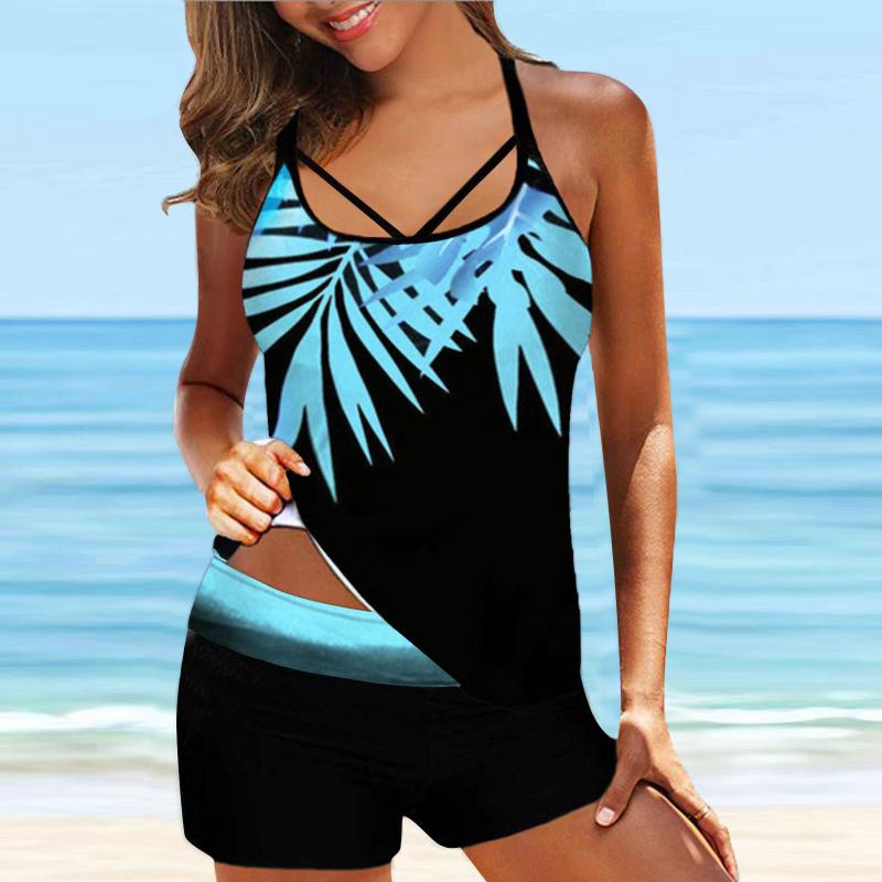 

Women' Swimwear CHAMSGEND Women Plus Size Print Strappy Back Tankini Set Two Piece Swimsuits Swimdress Brazilian Swimsuit Low Waist Biquini, Blue