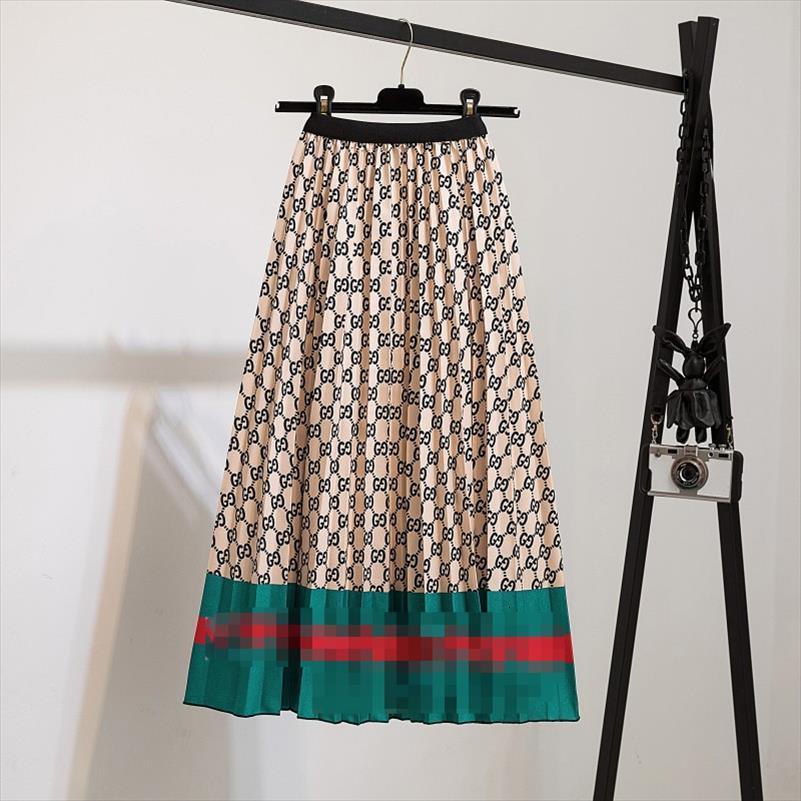 

fashion brand print pleated womens skirts high waist strechy cartoon midi female aline falda summer jupe femme, Black