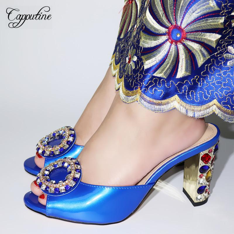 

Dress Shoes Capputine Summer Square Heels Woman African Design Elegant Decoration With Rhinestone For Party On Stock, Black