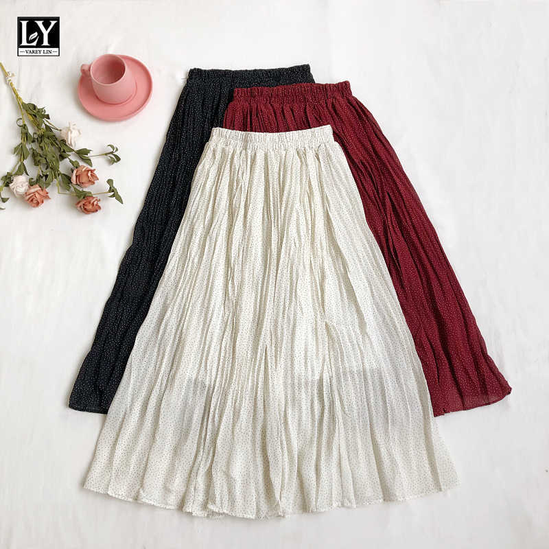 

LY VAREY LIN Spring Summer Women Casual Dot Pleated Skirts Sweet Elastic High Waist A-line Medium Length Lady 210526, Beige
