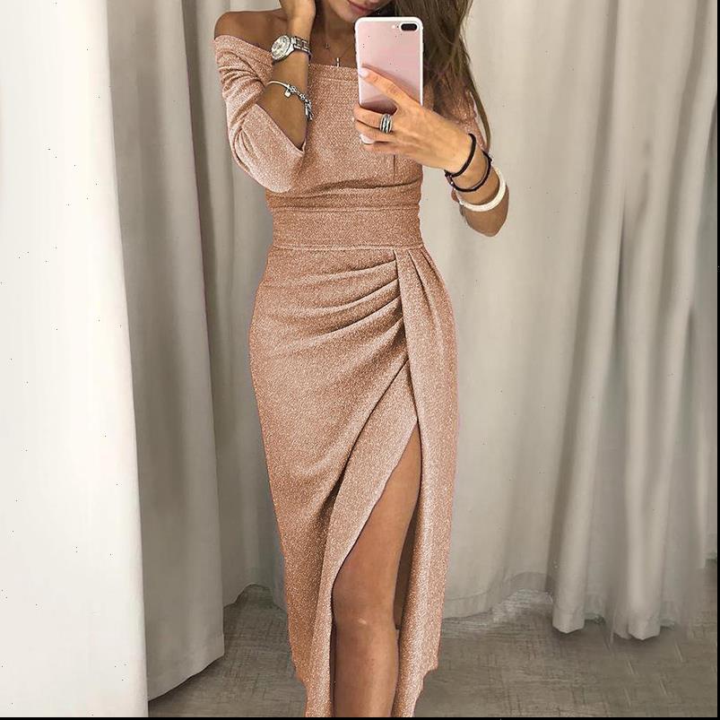 

womens dress evening party women dresses off shoulder 3 4 sleeve high waist split maxi club spring summer clothes, Black;gray