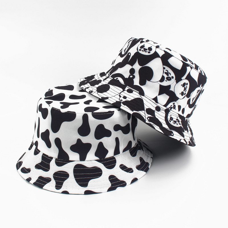 

Fashion Double sided Stingy Brim Hats Reversible Black White Cow Pattern Bucket Hat Fisherman Caps For Women Summer, Customize