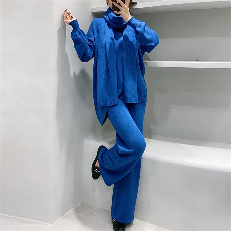 

Fashion women's suit autumn and winter slim knit thick loose sweater wide leg pants + scarf three-piece 210520, Pink