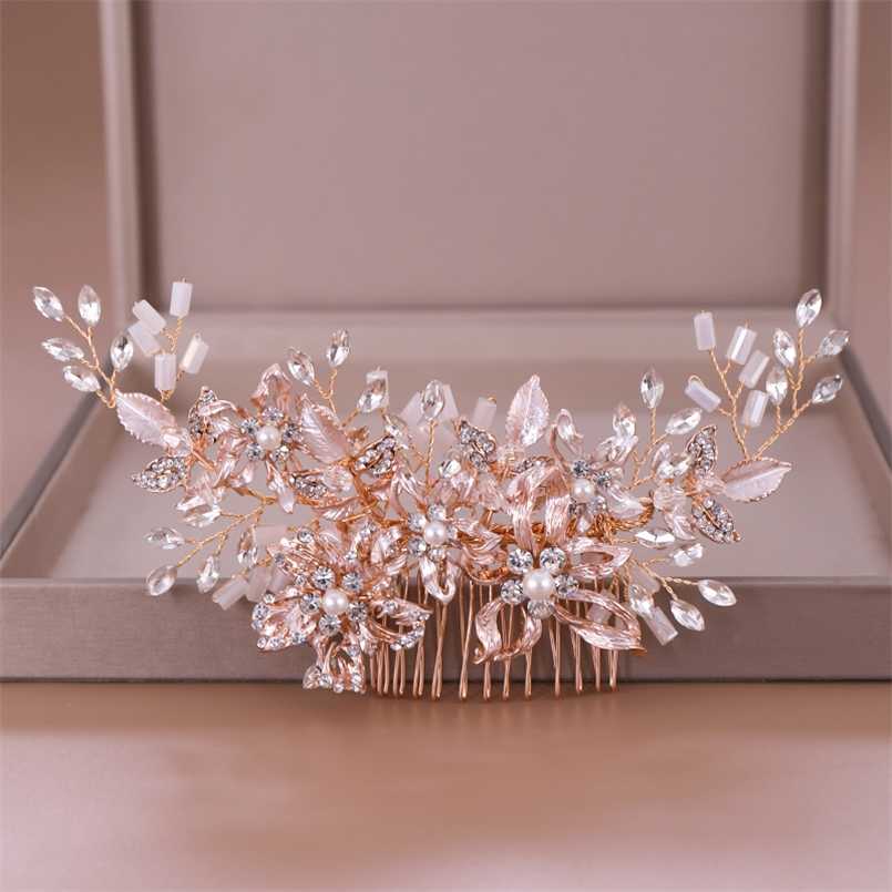 

Trendy Rose gold Wedding Hair Combs Accessories for Bridal Crystal Headpiece ornaments Jewelry 211019