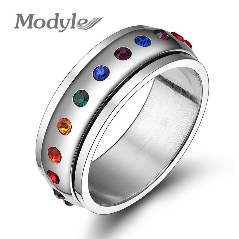 

Cluster Rings Modyle 2021 Fashion Rotating Spinner Ring For Women Rainbow Crystal Silver Color Stainless Steel Wedding Wholesale, Golden;silver