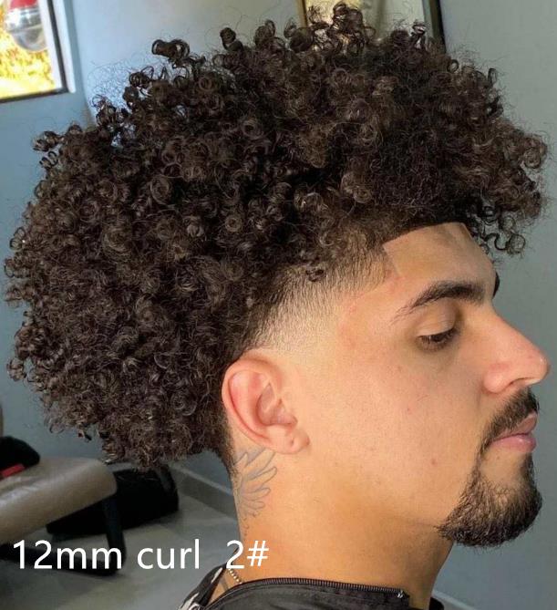 

Male Unit Full PU Toupee Afro Curl 12mm Mens Wig Indian Remy Human Hair Replacement for Men, As your choice