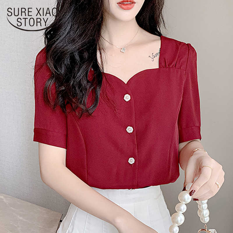 

Summer Short Sleeve Square Collar Chiffon Blouse Wine Red Sweet Korean Cardigan All-match Top Female Woman' Shirts 10052 210527