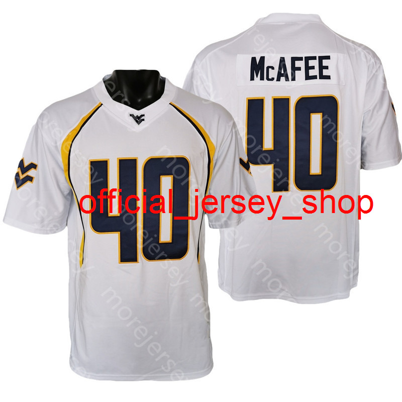 

NCAA College West Virginia Mountaineers WVU Football Jersey Pat McAfee White Size S-3XL All Stitched Embroidery, As pic