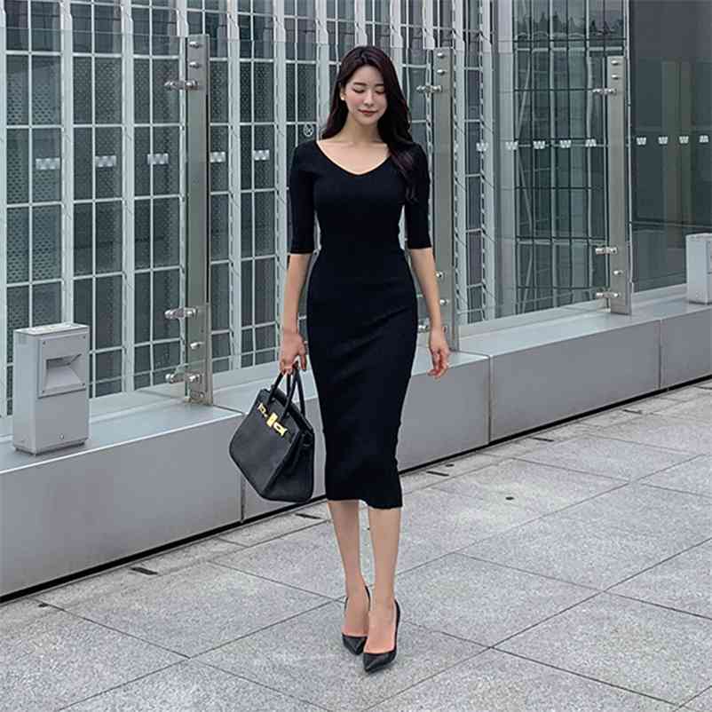 

fall knitted V-neck slim dress Office Lady knitting Cotton Knee-Length Natural Solid Sheath Polyester 210603, Gray