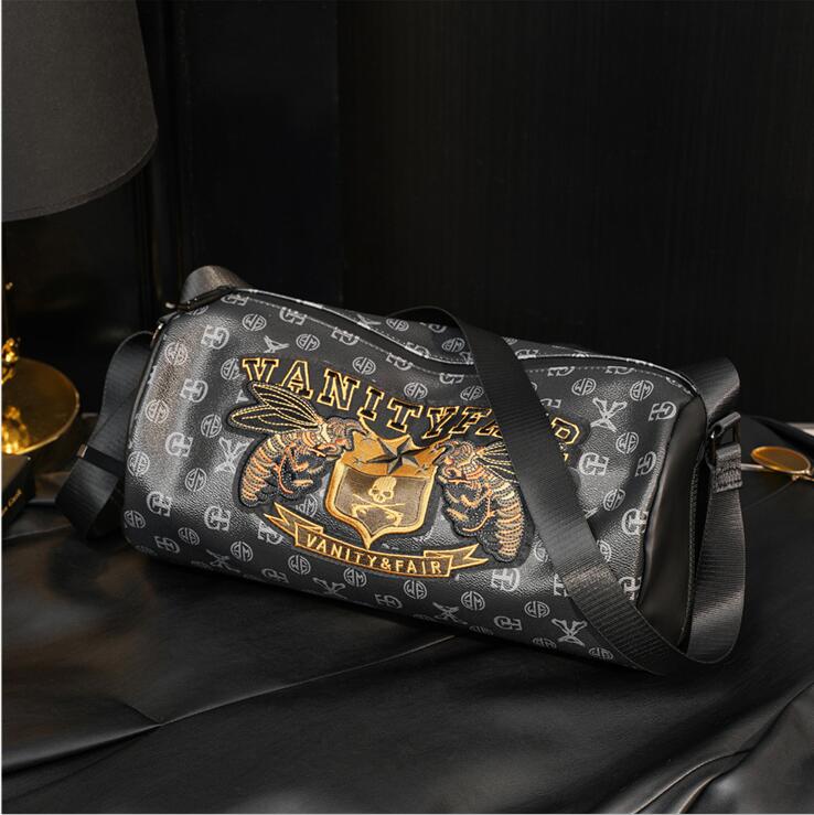 

Wholesale factory men leather shoulder bags street trend embroidery cylinder bag simple joker black printed handbag outdoor sports leisure plaid backpack, Black2-3560