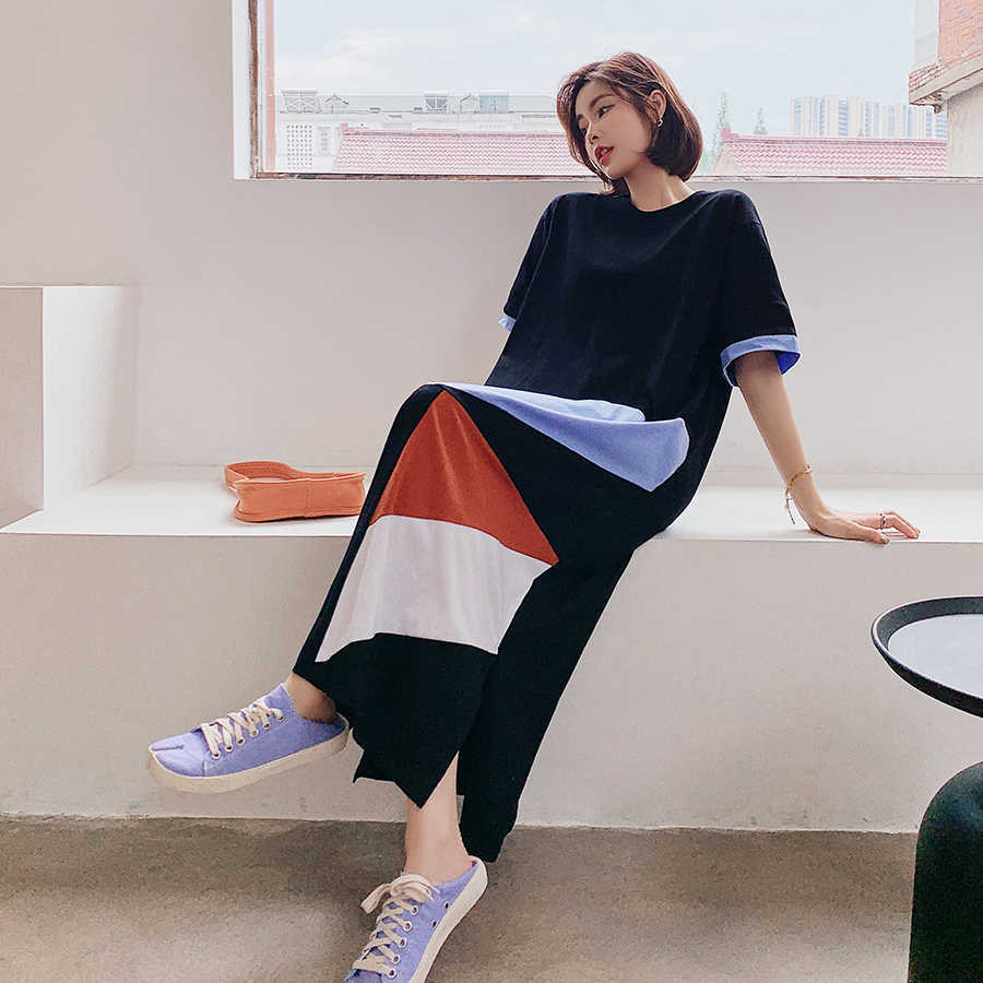 

VANOVICH Summer Women Pluz-size Geometric Ladies Dress Short-sleeved Round Collar Clothing 210615, Black