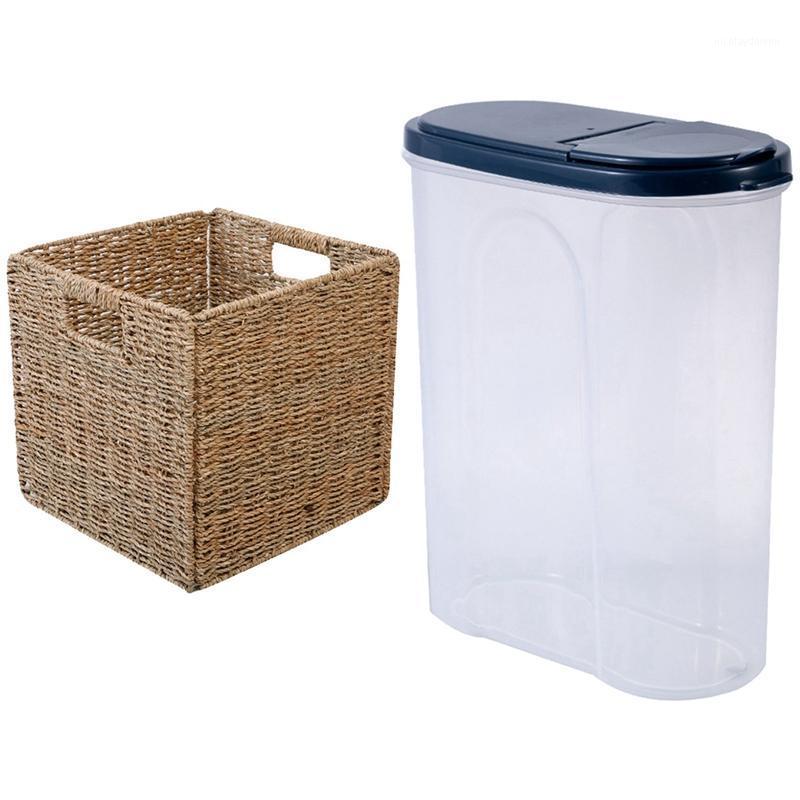 

Storage Baskets Plastic Kitchen Cereal Dispenser Refrigerator Box With Woven Seagrass Farmhouse Organizer Basket