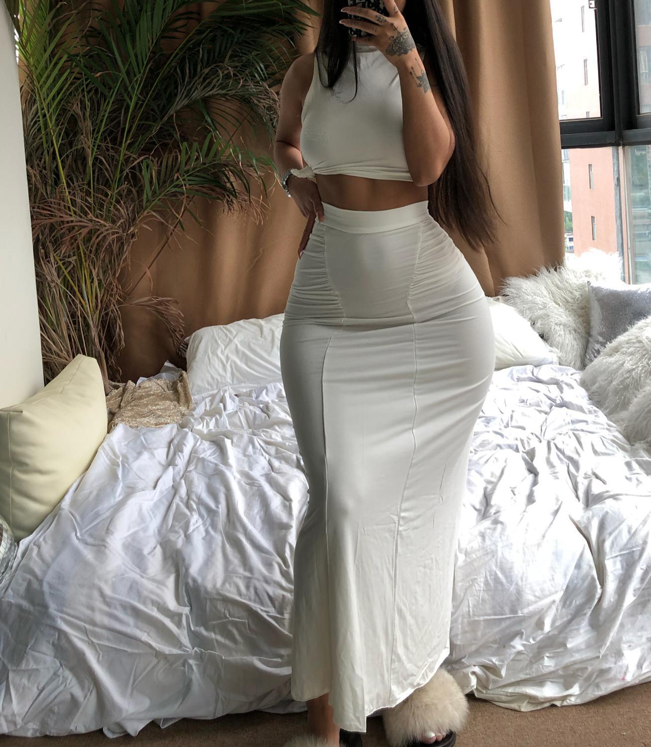 

KGFIGU kim kardashian gray outfits women tank tops and long skirts sets 2019 Summer 2 two piece skirt Y200701, White