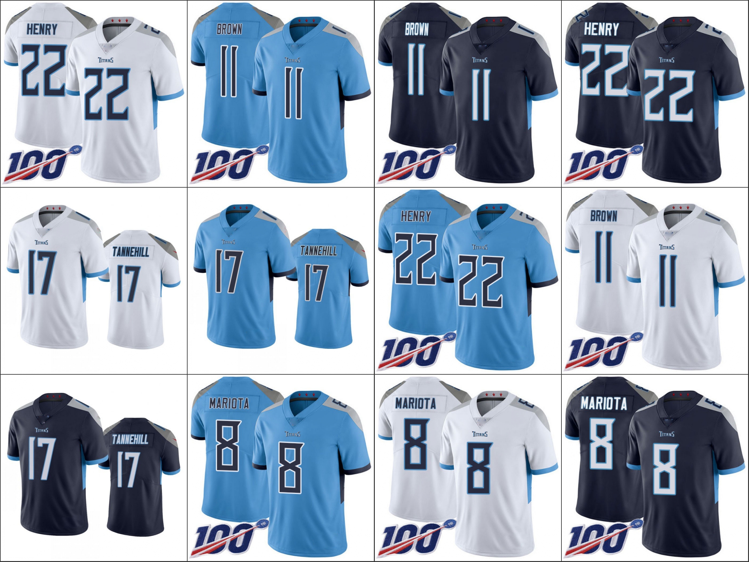 

TennesseeTitansMen #17 Ryan Tannehill 22 Derrick Henry 11 A.J. Brown 8 Marcus Mariota Women Youth 100th Limited Jersey