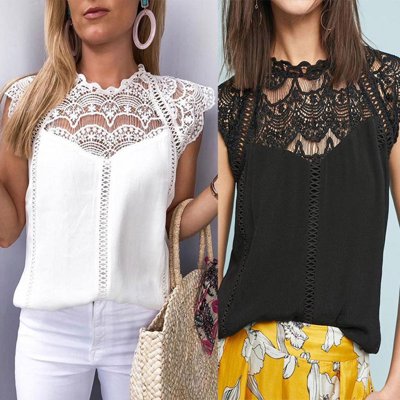 

Summer Womens Tops And Blouses Lace Patchwork Sleeveless Solid Shirt Women Blouse Blusas Roupa Feminina 210518, Black