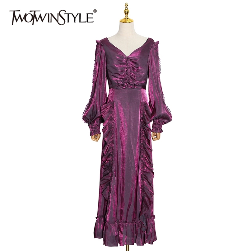 

Elegant Patchwork Ruffle Dress Women V Neck Lantern Sleeve High Waist Side Split Maxi Dresses Female Fashion 210520, Purple