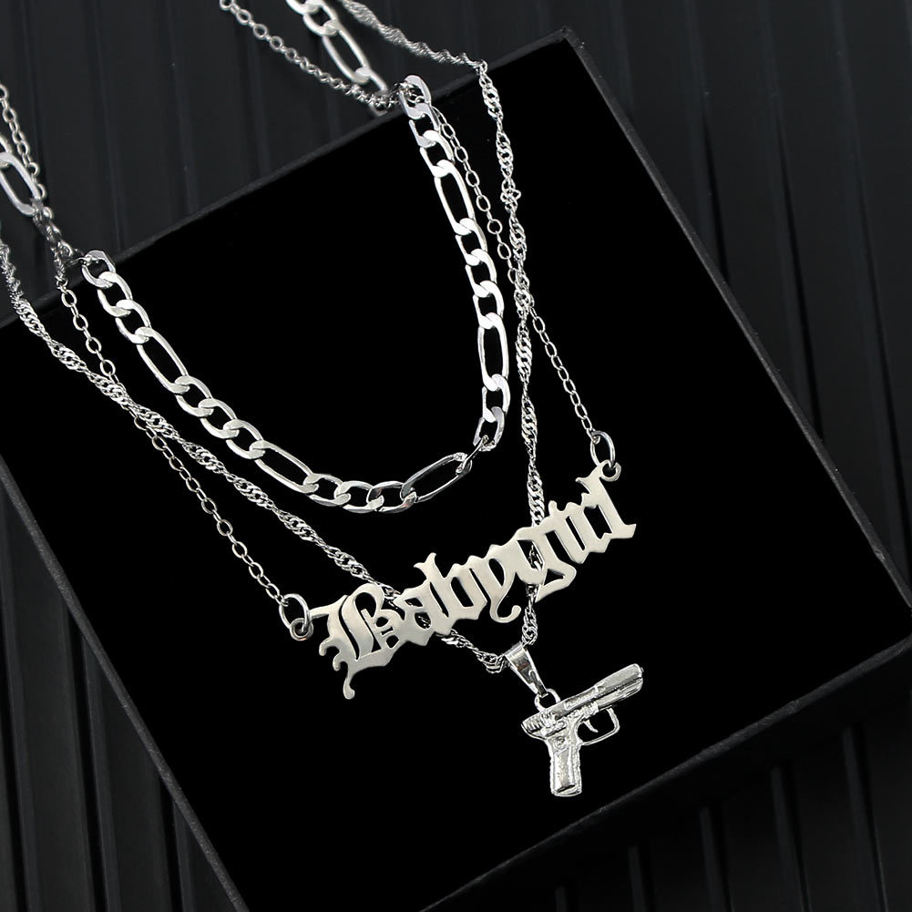 

Trendy Silver Color Multilayer Women Necklaces Figaro Choker Babygirl Letter Pistol Pendants Chain Neckalce 2021 Jewelry