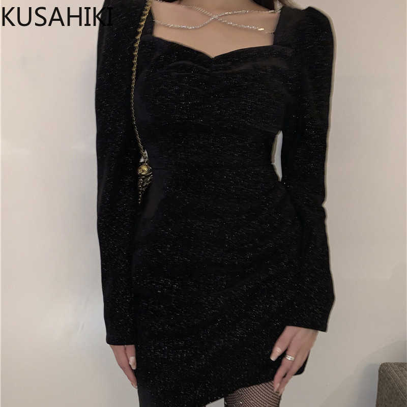 

KUSAHIKI Elegant Square Collar Slim Mini Dresses Spring Women Dress Korean Slim High Waist Vestidos De Mujer 6E724 210602, Pink