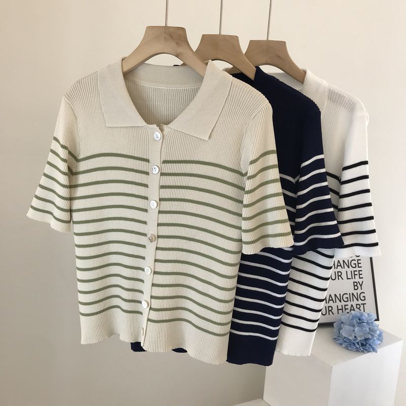 

Summer style silk striped short wool knit sweater women thin top short-sleeved slim fit 210525, Navy blue