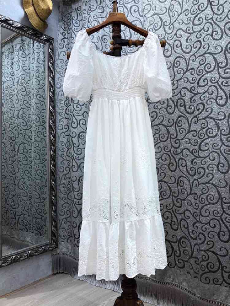

dresses 100%Cotton White Summer Style Women Sexy Square Collar Hollow Out Embroidery Sleeve Large Swing Boho Sun, Blue