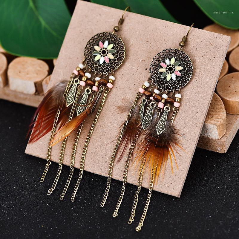 

Dangle & Chandelier Vintage Round Drip Oil Beaded Jhumka Earrings For Women Gypsy Jewelry Bohemia Long Chain Tassel Feather Earring Oorbelle, Silver