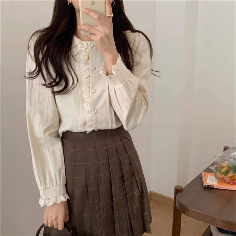 

Retro Shirt Arrival Solid Korean Girls High Quality Tops All Match Women Chic Loose Vintage Blouses 210525, Apricot
