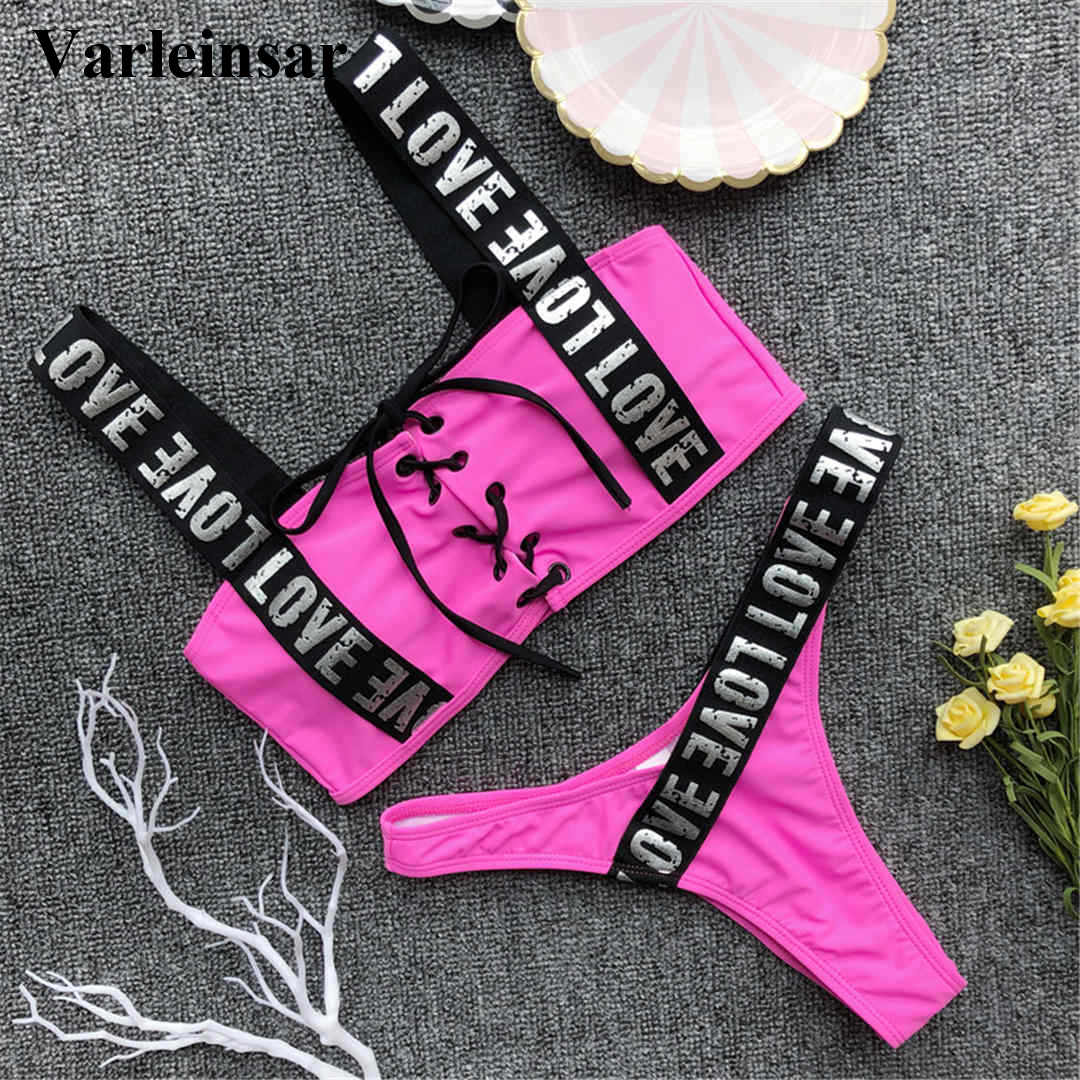 

XL Letter Printed Brazilian Bikini Women Swimwear Female Swimsuit Two-pieces Bikini set Lace Up Bather Bathing Suit V1074