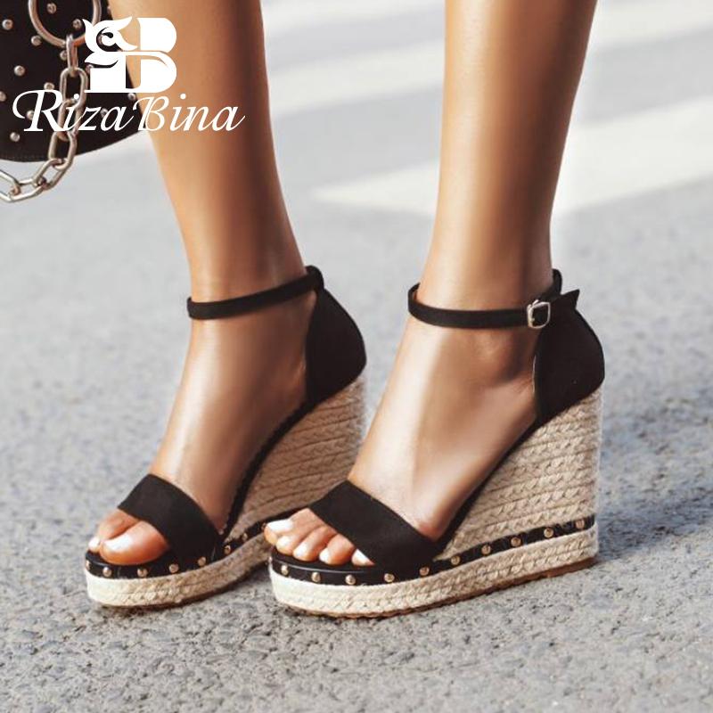 

RizaBina Women Sandals Shoes Fashion Buckle Gladiator Style Beach High Heels Platform Summer Footwear Size 34-43, Black