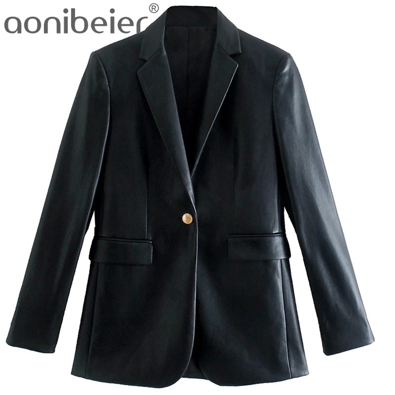 

Aonibeier Za Woman Casual Traf Coats Autumn Single Button Slim Long Blazers Notched Collar Black Faux PU Leather Jacket 211110, Dress