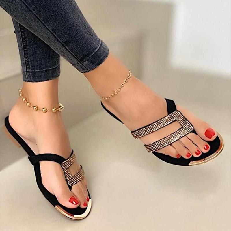 

Crystal Slippers Women 2021 Fashion Flip Flops Roman Sandals Summer Beach Shoes Woman Large Size Ladies, Black