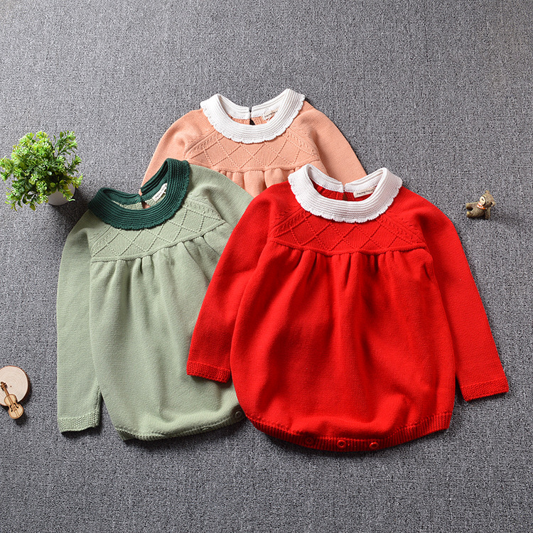 

Knitted Jumpsuit Infant Clothing Sweet Long Sleeve Wool Open Romper, Red