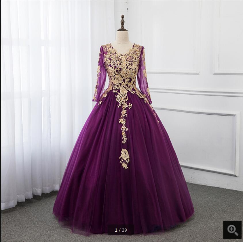 

2021 Vestido De Festa purple tulle modest ball gown prom dress gold lace appliques beaded pearls princess party gowns vintage sweet 16 dresses custom made, Ivory