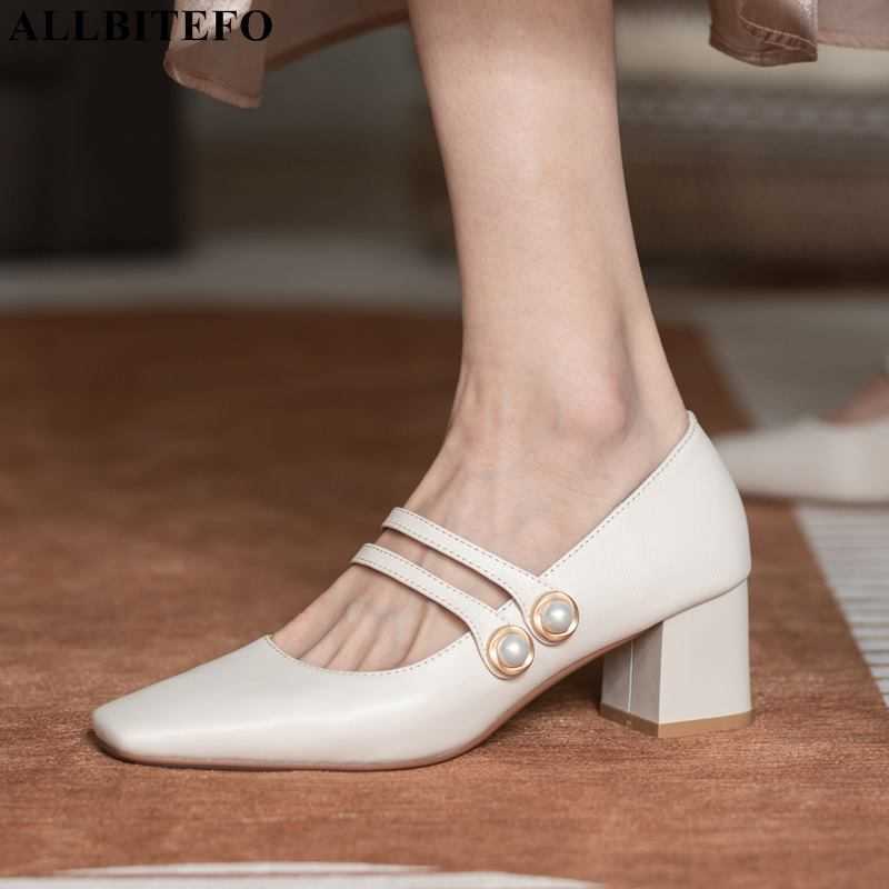 

ALLBITEFO thick heels full genuine leather square toe brand high heels party women shoes autumn/spring women high heel shoes 210611, As picture