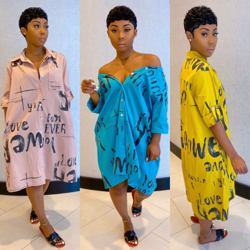 

2021women summer long sleeve shirt dress 2021 streetwear office letters print casual dress plus size loose midi party dress, Black;gray