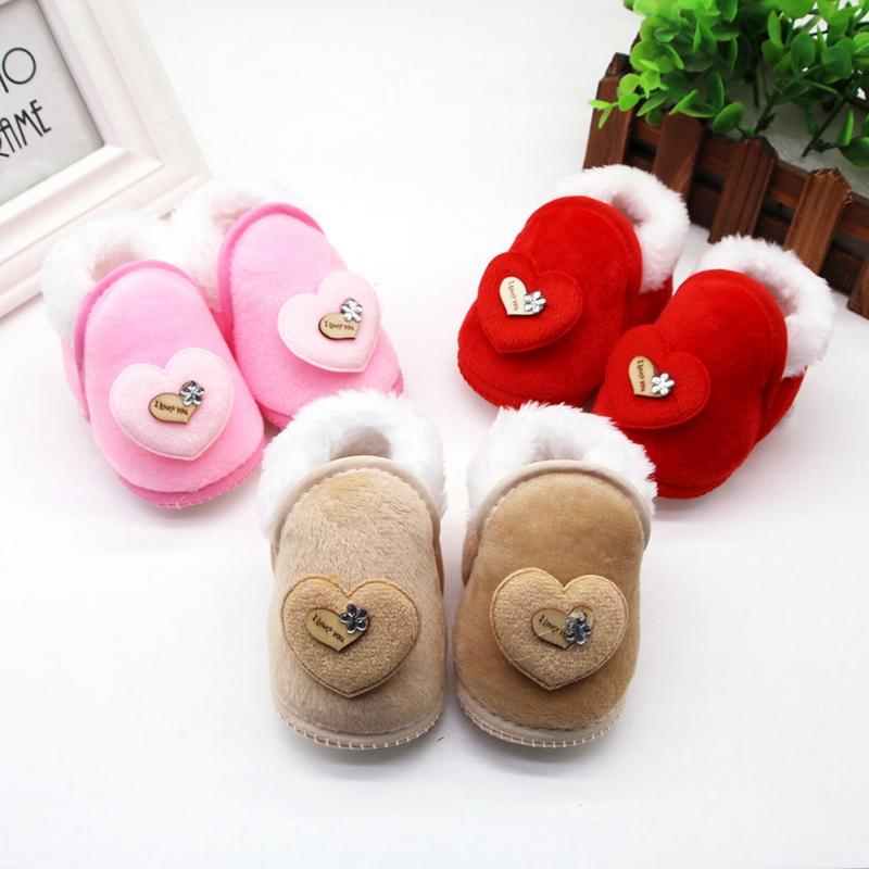 

First Walkers Winter Baby Girls Boys Plus Velvet Cotton Shoes Infant Heart-Shaped Print Boots Toddler Soft Soled Walking, Brown