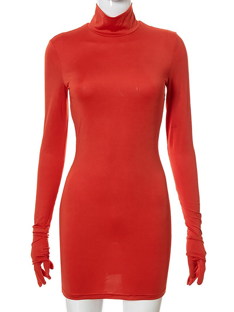 

Casual Dresses Women High Neck Bodycon Skinny Dress Ladies Solid Color Long Sleeve With Gloves Mini Party Clubwear, Black