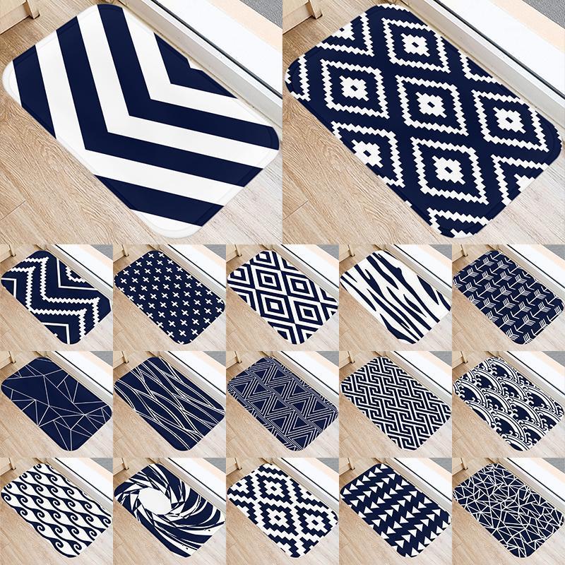 

Carpets Navy Blue Geometric Pattern Kitchen Entrance 40*60 Door Mat Coral Velvet Carpet Doormat Indoor Floor Mats Anti-Slip Rug 48067