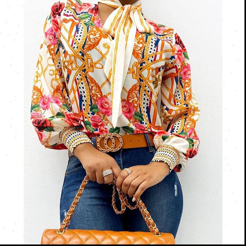 

Scarf Neck Baroque Print Top Womens Blouses Retro Lantern Sleeve Elegant Office Lady Fashion Blusa Mujer, White