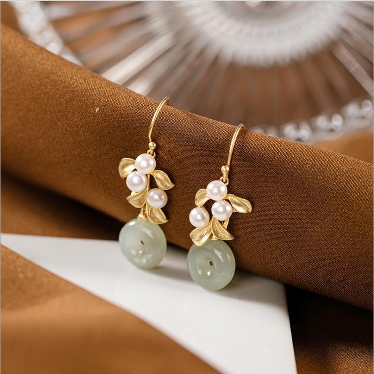 

Dangle & Chandelier Natural Hetian White Jade Plant Earrings Chinese Style Retro Court Charm Creative Light Luxury Noble Lady Silver Jewelry